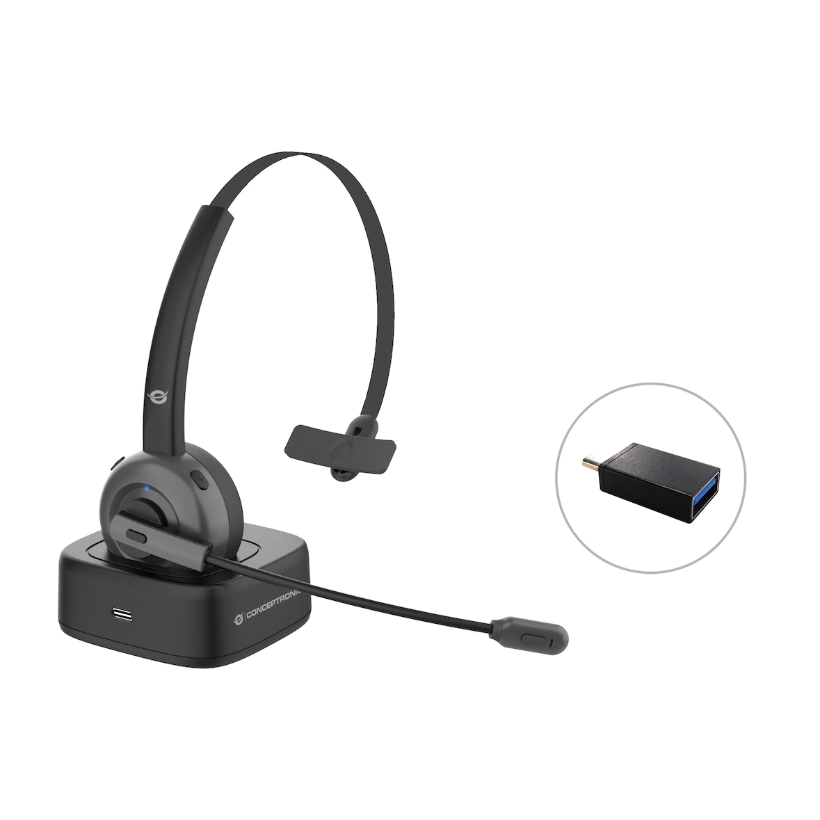 Conceptronic POLONA03BD Headset Wireless Bluetooth mit Ladestation   sw