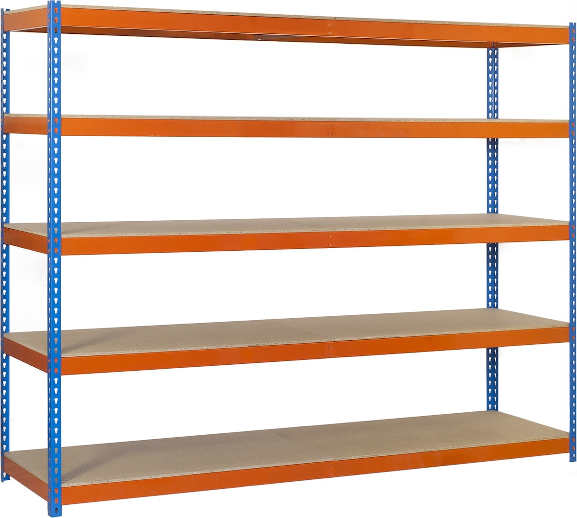 SimonRack Estantería Industrial, 2000x2400x450 mm, 400 kg de Punto Flexión, 5 Estantes Madera, Estantería Garaje, Azul/Naranja/Madera - Simonforte