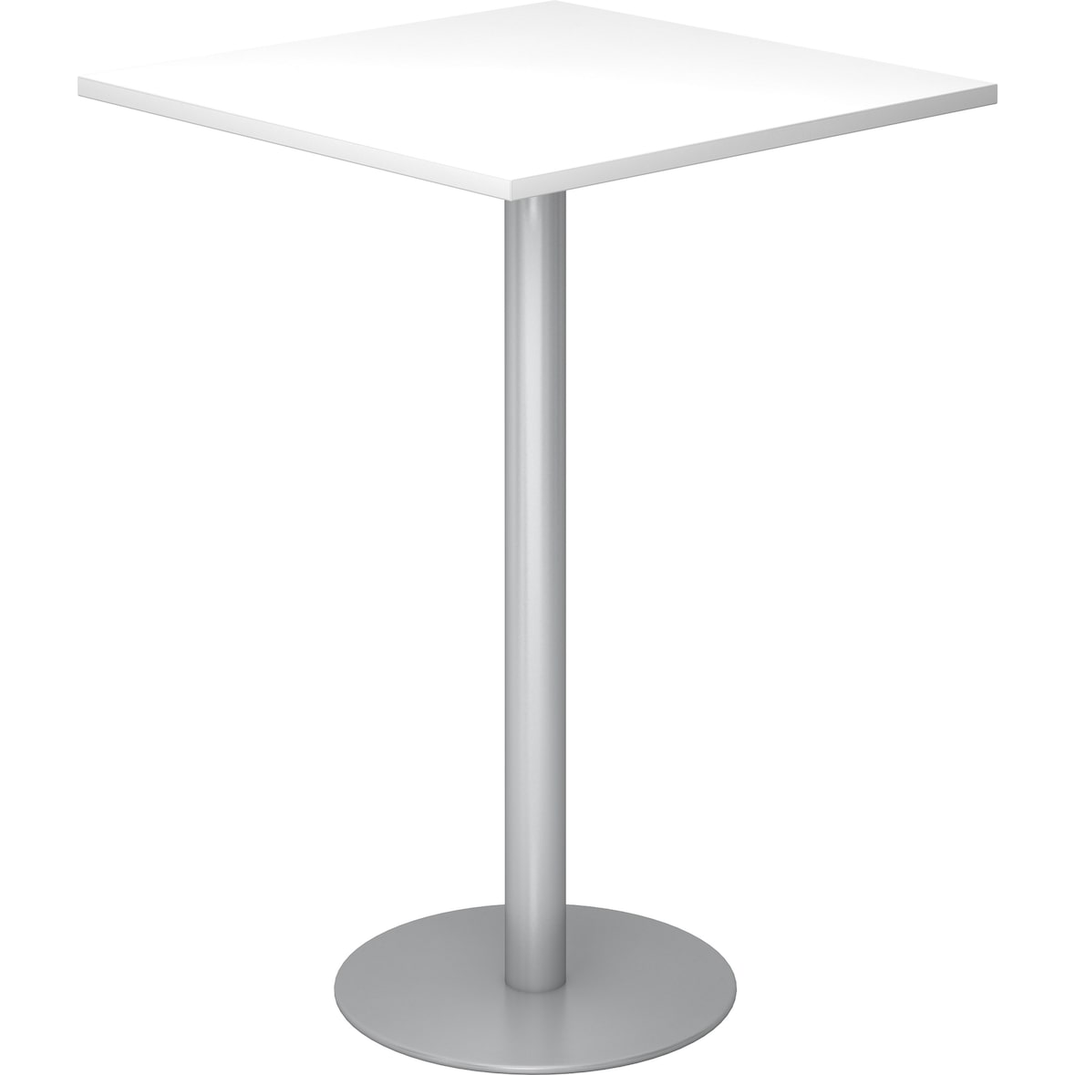 bümö Stehtisch Büro, Bistrotisch eckig 80 x 80 cm - Bartisch weiss, Stehtisch Holz-Platte, Säule aus Metall in silber, Buffettisch, Säulentisch,