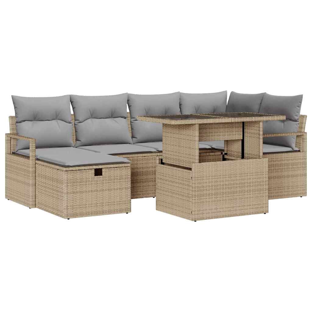 vidaXL Garten-Sofa-Set mit Kissen mit Speicher 7 pcs Beige Poly Rattan