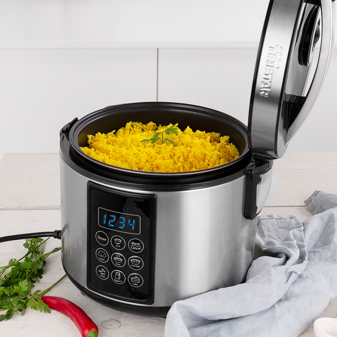 TRISTAR Arrocera digital y Multicooker, 1.5 L, Protección contra ebullición en seco, 7 programas, Pantalla LCD, Temporizador digital, 500 W