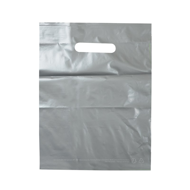 Graue Plastiktasche mit ausgeschnittenen Griffen aus recyceltem LDPE 37 x 45 cm pro 500 - Gimex
