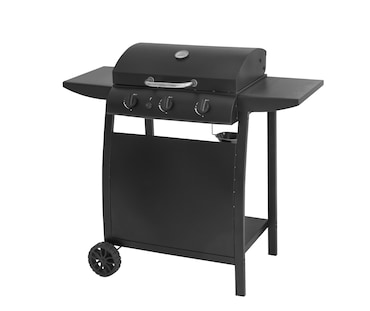aro Barbecue a gas con 3 bruciatori principali, area cottura 53 × 33 cm, tavolino laterale, con ruote, acciaio, nero