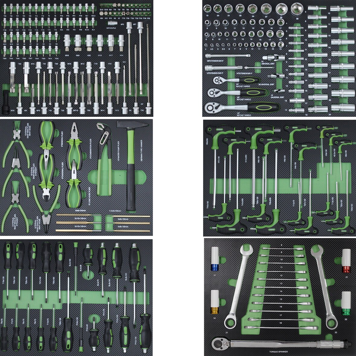 6 x Werkstattwageneinlagen 520 x 400 mm bestückt mit 254 Teilen Chrom-Vanadium Werkzeug grün