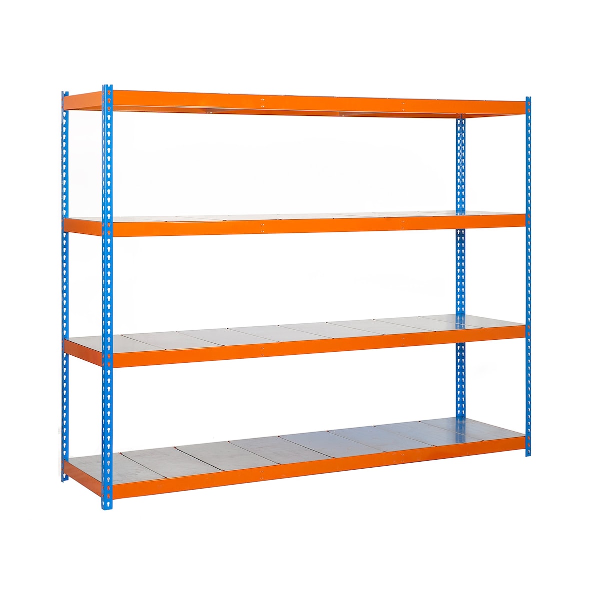 SimonRack Industrieregal, 2000x1800x600 mm, 600 kg am Biegepunkt, 4 Metallböden, Garagenregal, Blau/Orange/Verzinkt- Simonforte