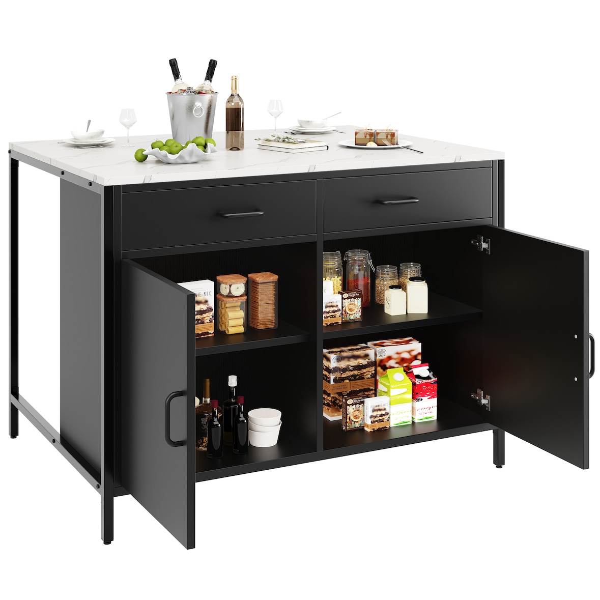 Stehtisch Küchenarbeitsplatte Schwarz 100x90x90 cm mit Marmoroptik Tischplatte, 2 Schubladen, verstellbare Fächer, Eisenbeine