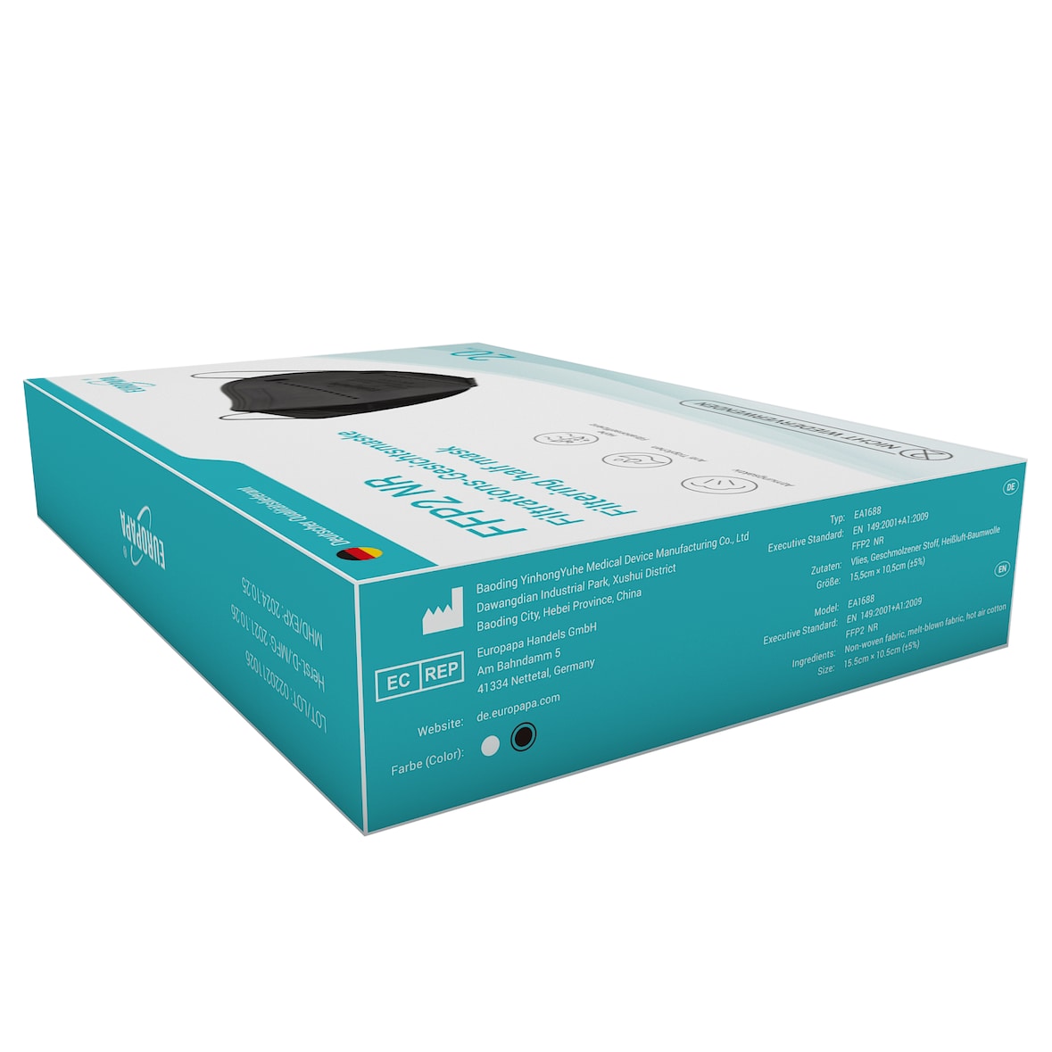 EUROPAPA 20x FFP2 Schwarz Masken 5-Lagen einzelnverpackt CE Zertifiziert
