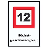 thumbnail of Höchstgeschwindigkeit 12 km/h nicht zu überschreiten Schild mit Symbol und Text A4 Rückseite selbstklebend