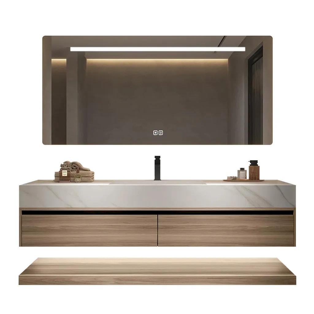 Wandhängendes Badezimmermöbel-Set mit Sinterstein-Waschbecken, Spiegel, Unterschrank, Ablageboard und Ablaufgarnitur 140×55 cm【RW3256-140】