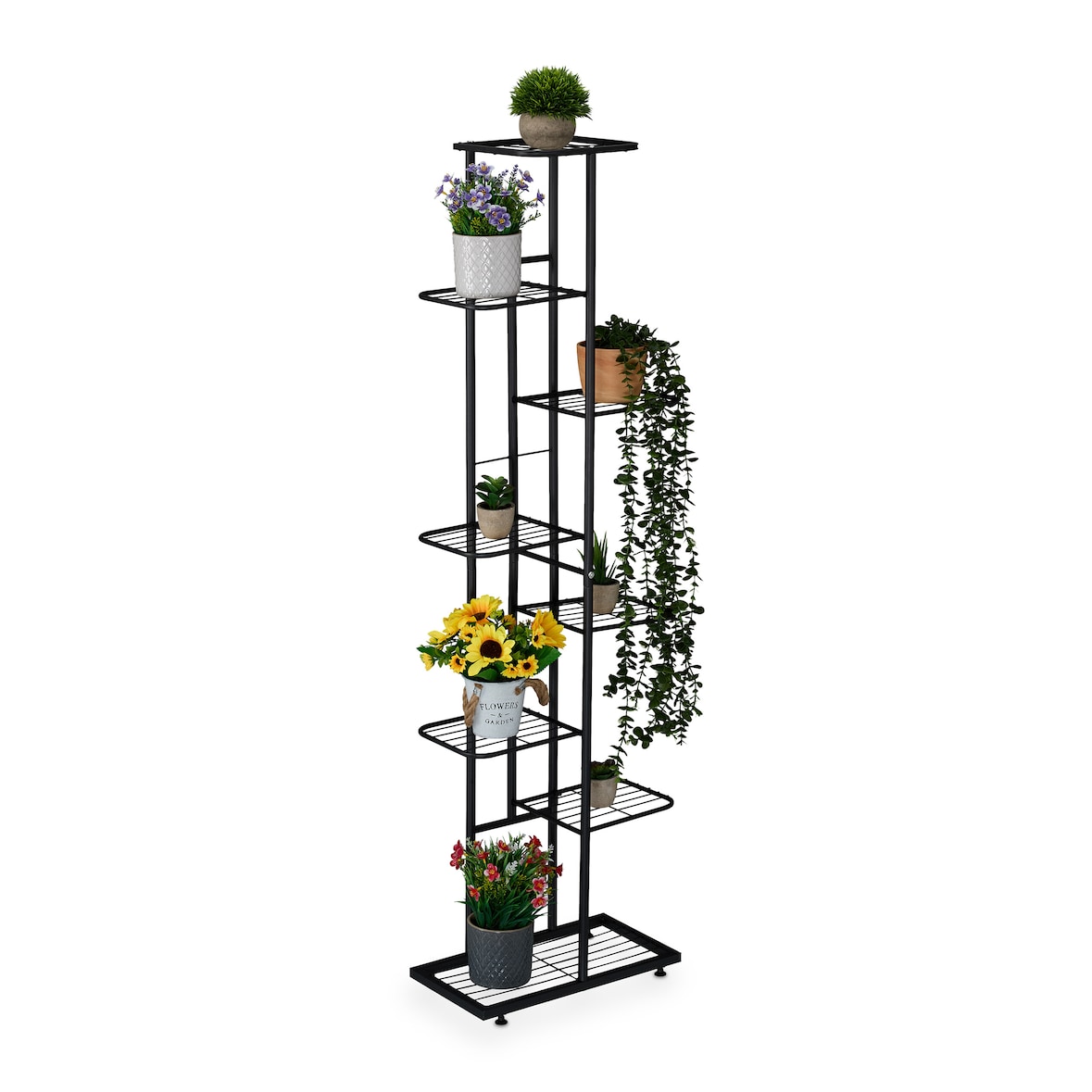 Relaxdays Blumenregal, 8 Ablagen für bis zu 9 Blumen- & Pflanzentöpfe, Metall, Pflanzentreppe, 142x45x22 cm, schwarz