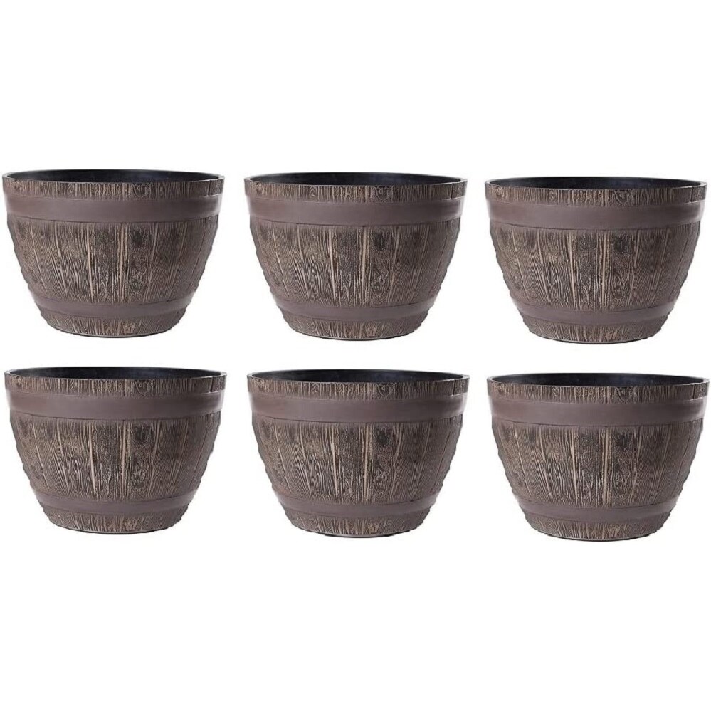 Jinfa 6er-Set Blumenkübel aus Kunststoff in Holzoptik | Farbe: Eiche | Design: Weinfass | Ø 38 cm