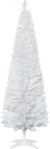Ein schmaler, weißer Weihnachtsbaum mit Ständer.
