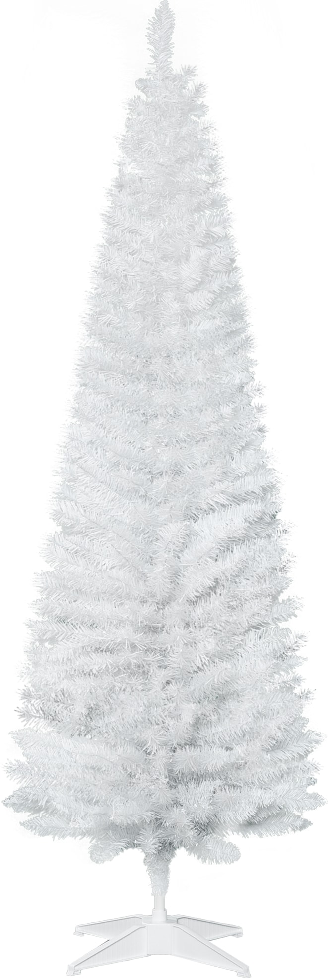 Ein schmaler, weißer Weihnachtsbaum mit Ständer.