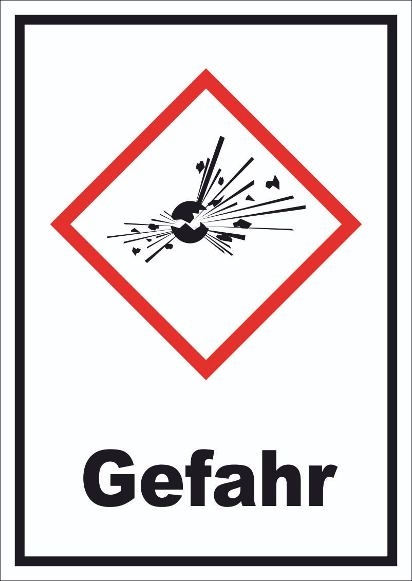 Schild Instabile explosive Stoffe Gefahr Explosion hochkant A4 Rückseite selbstklebend