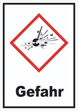 thumbnail of Schild Instabile explosive Stoffe Gefahr Explosion hochkant A4 Rückseite selbstklebend