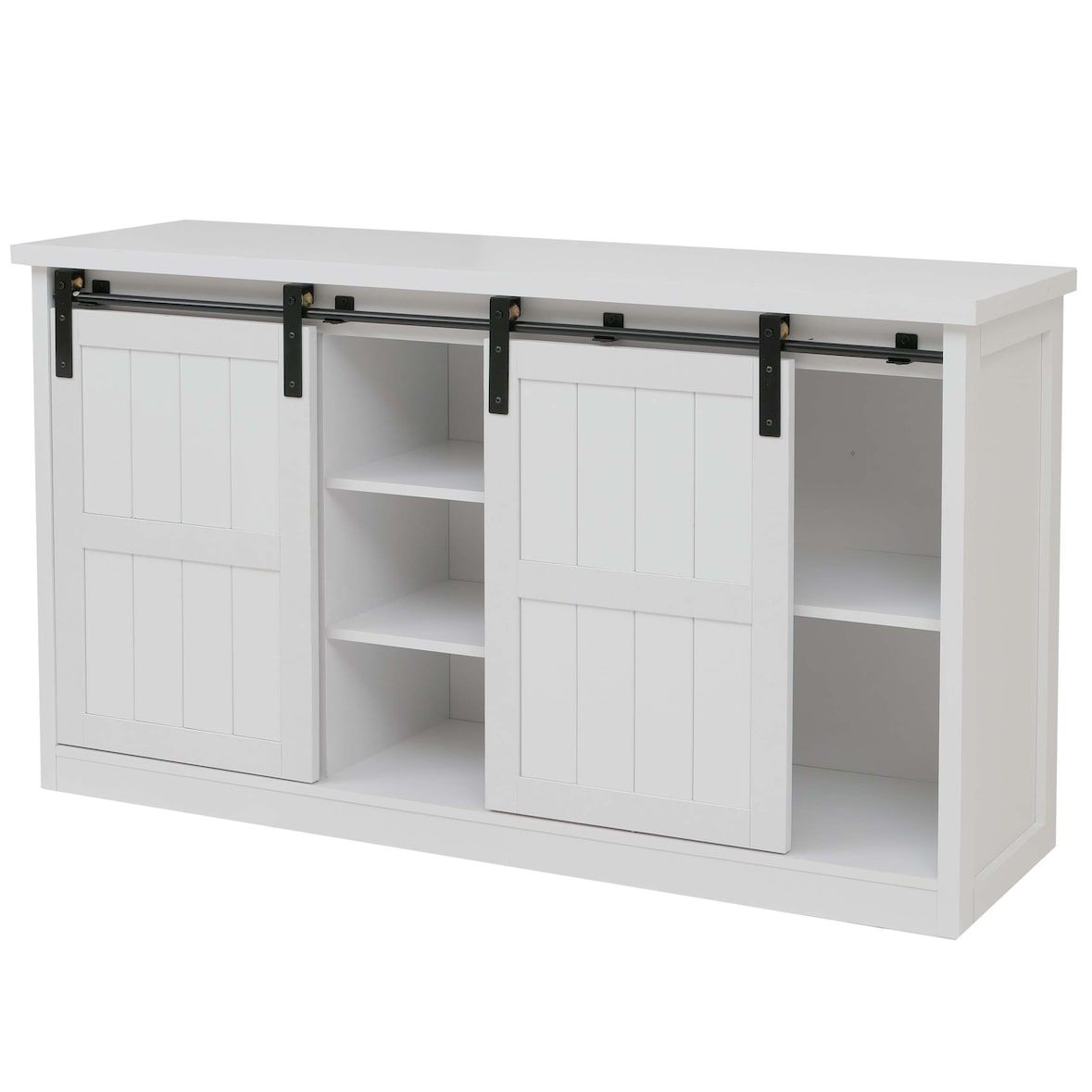 Sideboard HWC-K75, Highboard Regal Schrank Schiebetüre 7 Fächer Holz-Optik Industrial Metall 84x150x40cm ~ weiß