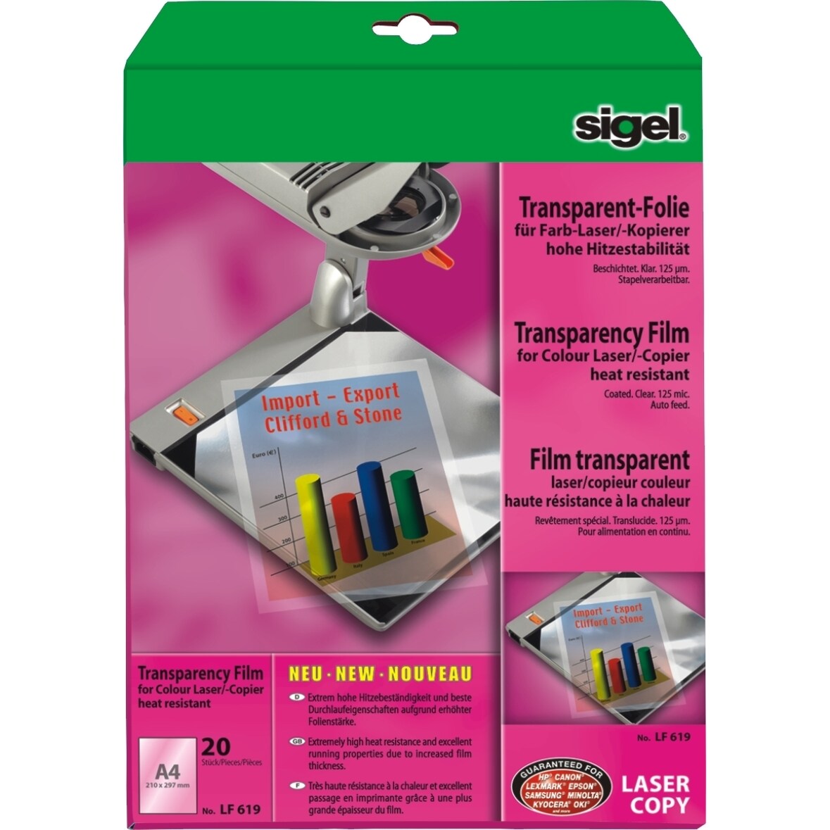 Farb-Laser/-Kopier-Folie A4 125my transparent stapelverarbeitbar VE=20 Blatt