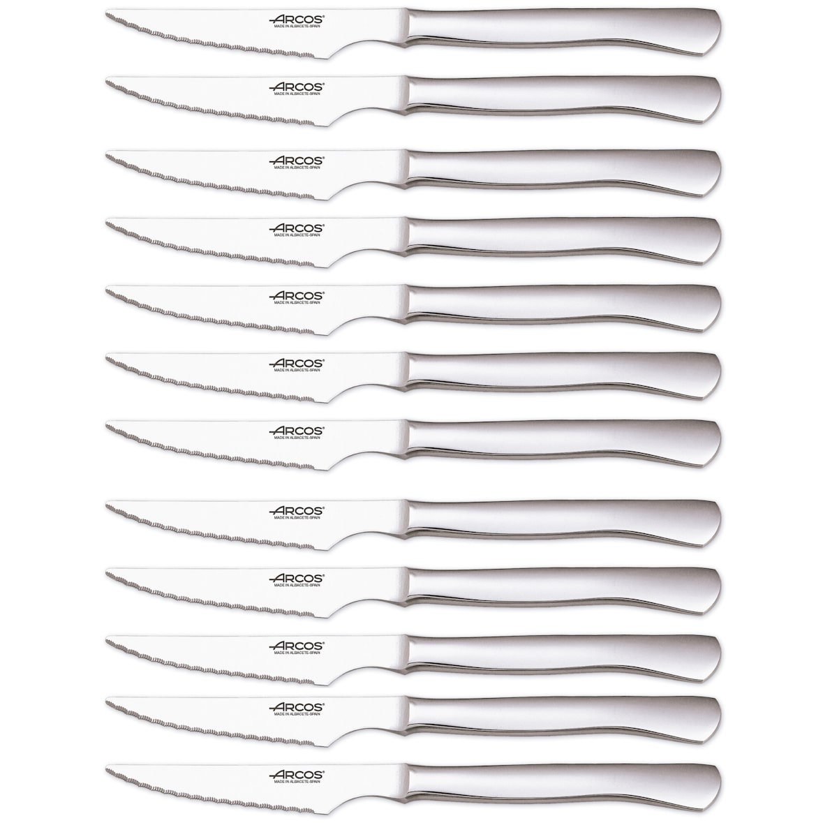 Arcos Cuchillos Chuleteros Monoblock, Hoja Serrada de Acero Inoxidable, de 110 mm, Juego de 12, Color plata