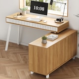 thumbnail of Merax Schreibtisch,  L-förmiger 160×120×76.5 cm, Eckschreibtisch mit 2 Schubladen & Schrank, MDF Bürotisch mit Stahlbeinen, Naturfarbe & Weiß