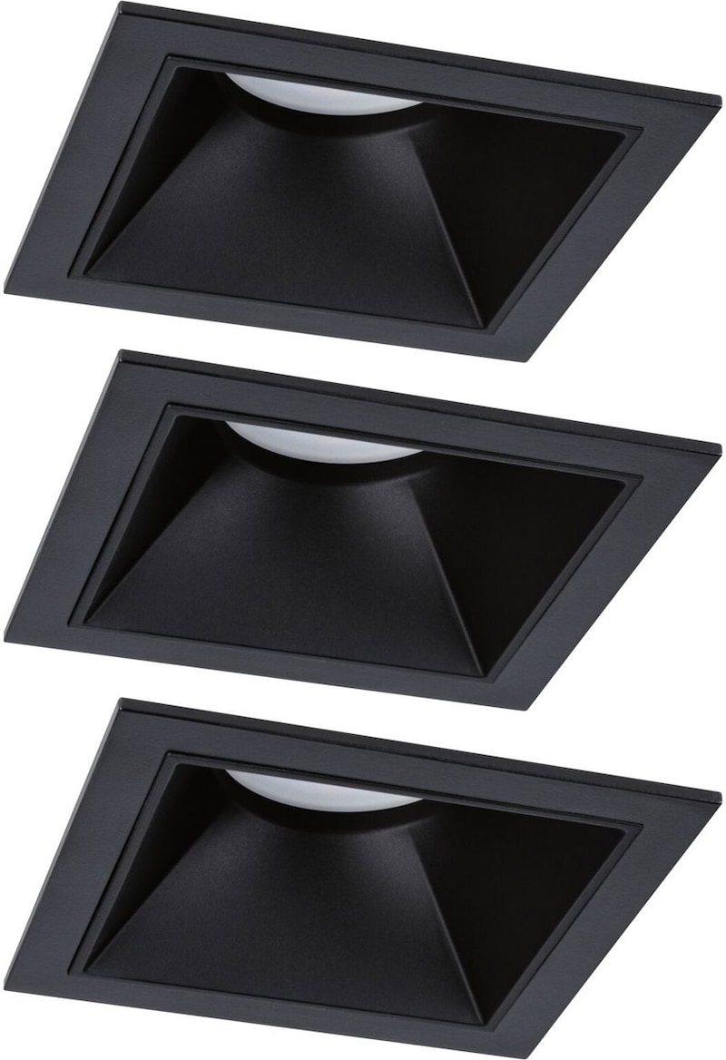 Drei schwarze Einbaustrahler in Rautenform.