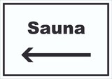 thumbnail of Sauna Schild mit Text und Richtungspfeil links Erholung Entspannung waagerecht A3 Rückseite selbstklebend