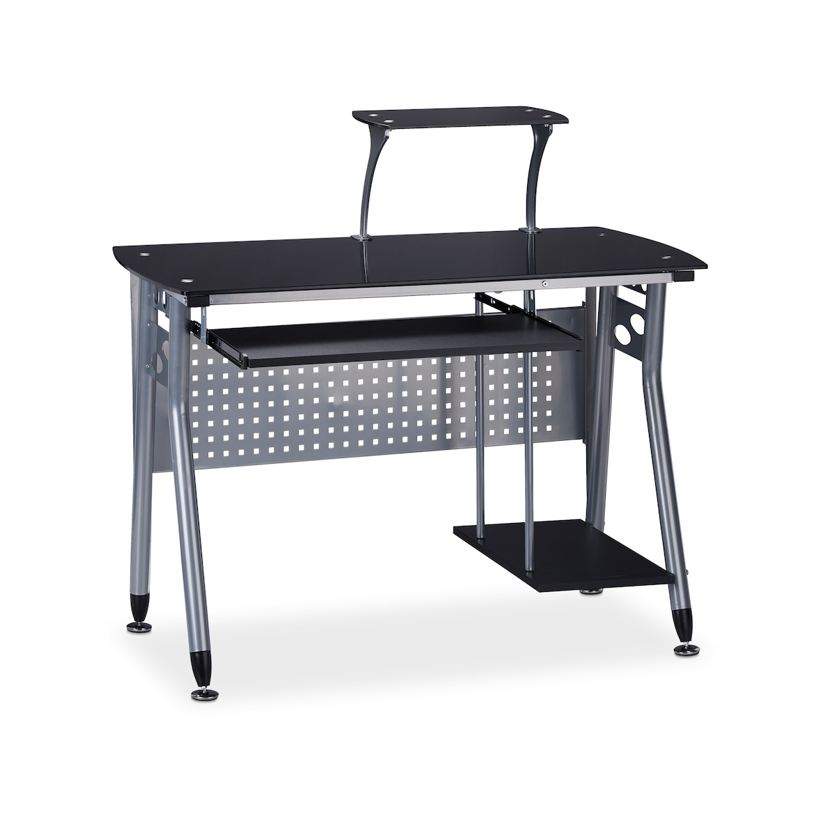 Relaxdays Computertisch Glas, Tastaturauszug & Fach für Rechner, HBT: 98 x 105 x 55 cm, modern, Arbeitszimmer, schwarz