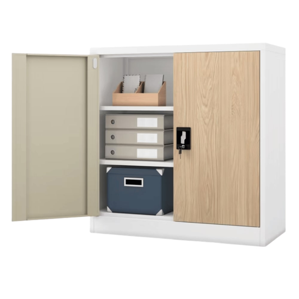 Aktenschrank abschließbar KADO - 3 Ebenen, Flügeltüren | Metallschrank Werkstatt Büroschrank aus Stahl Werkzeugschrank, 93x90x40cm Weiß-Sonoma Eiche