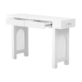 thumbnail of Konsolentisch 120x36x77 cm mit 2 Schubladen und Steckdosenleiste mit USB- und Type-C-Anschlüssen Weiß, skandinavisches Gitterdesign
