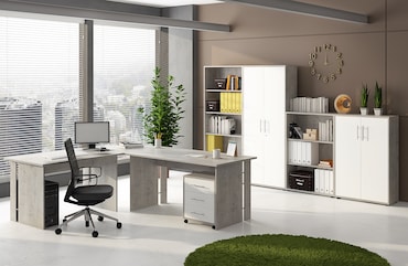Set Ufficio Completo Con 2 Scrivanie 1 Modulo Ad Angolo 1 Cassettiera Con Ruote 2 Armadi Alto e Basso 2 Librerie Alta E Bassa Bianco E Grigio Cemento
