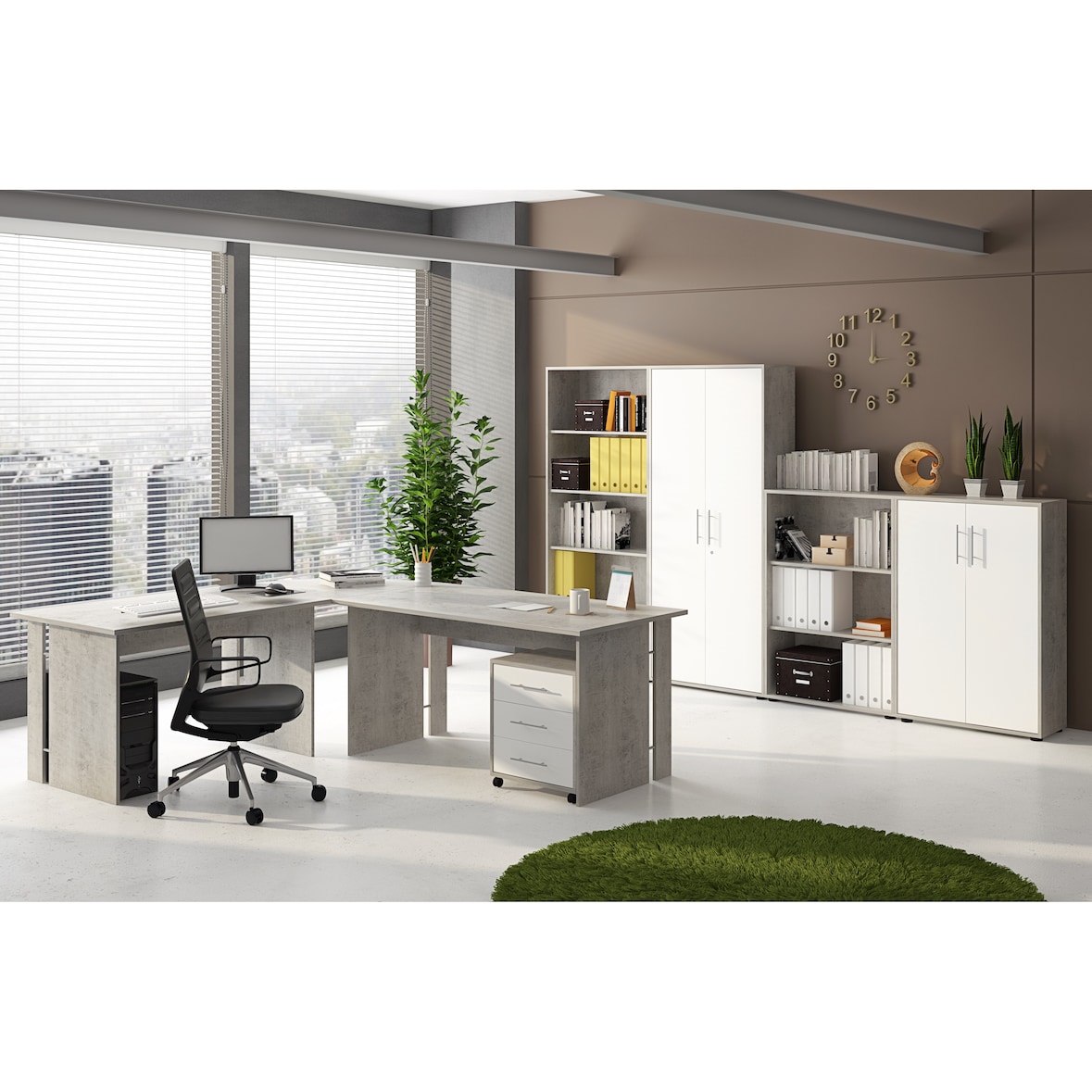 Set Ufficio Completo Con 2 Scrivanie 1 Modulo Ad Angolo 1 Cassettiera Con Ruote 2 Armadi Alto e Basso 2 Librerie Alta E Bassa Bianco E Grigio Cemento