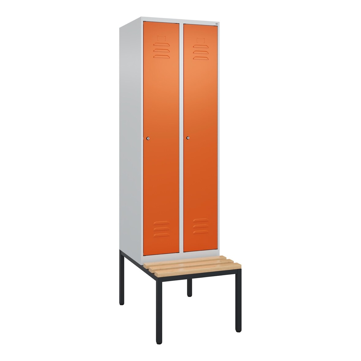 C+P Spind Classic PLUS, Buche untergebaute Sitzbank 2 Abteile, HxBxT 212x60x82cm, Zylinderschloss, Hellgrau/Reinorange von PROREGAL