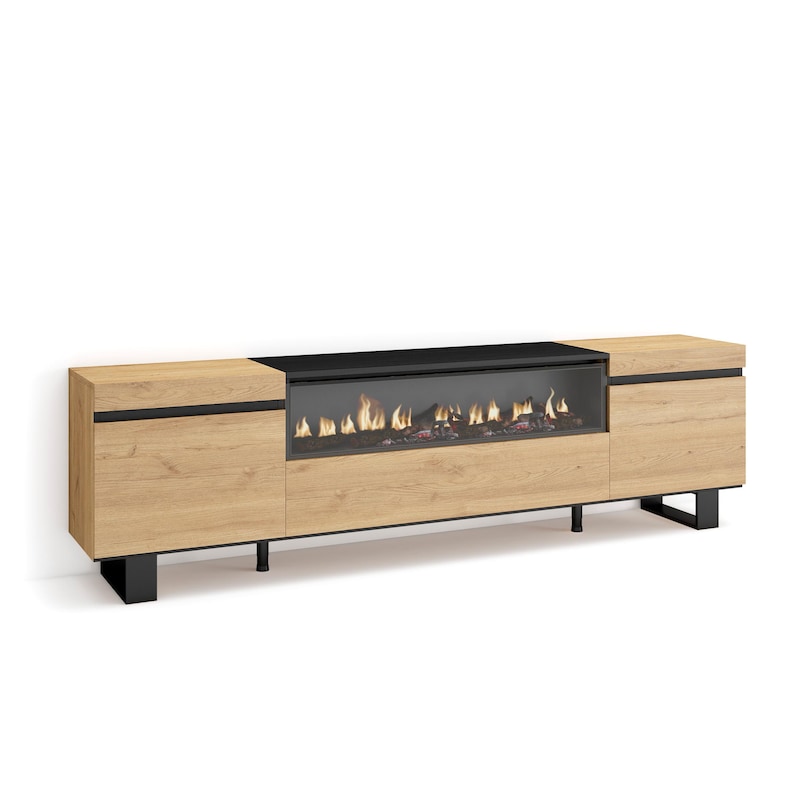 TV-Meubel, Lowboard, 210, Voor tv's tot 80, Elektrische haard XXL, Industrieel design, Zwart