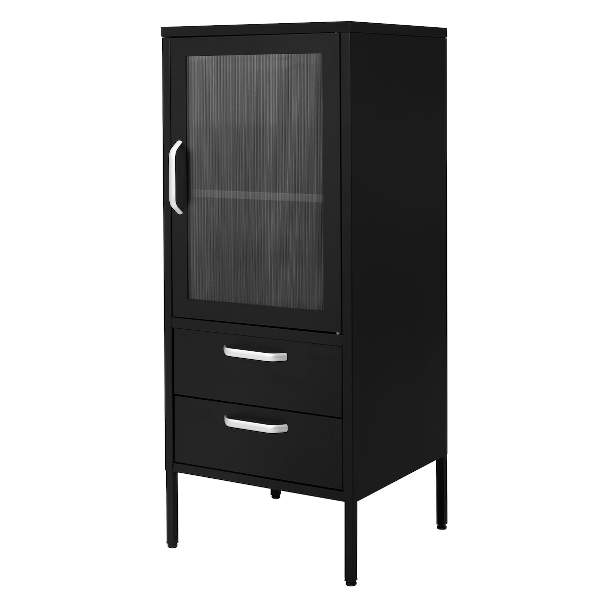 ML-Design Vitrinenschrank 42x102x40 cm Schwarz, Vitrine aus Stahl im Industriestil, mit 2 Ablagen, 1 Tür & 2 Schubladen, Wohnzimmer Metallschrank,