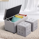 thumbnail of HOMCOM Panca Portaoggetti Set di 3 Pezzi con 2 Sgabelli Pouf in Velluto, Grigio Perla
