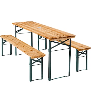 tectake Conjunto de mesa e bancos LUDWIG 3 peças, dobrável, com suporte para guarda-sol  castanho - 404998