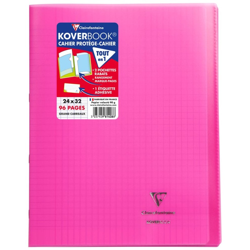 Cahier Clairefontaine Koverbook Protège Cahier Piqué Polypro 96 Pages Séyès 24 X 32 Cm Rose Transparent