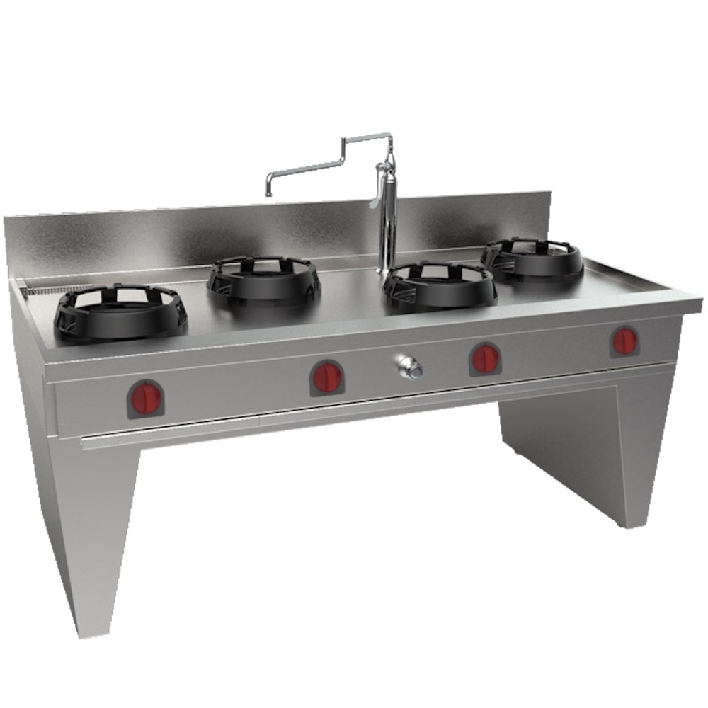EURAST - Gekoelde wok met 4 gasbranders 2 steunen, 1 waterkolonne - 2000x900x850 mm - 70 Kw - 32209DEM