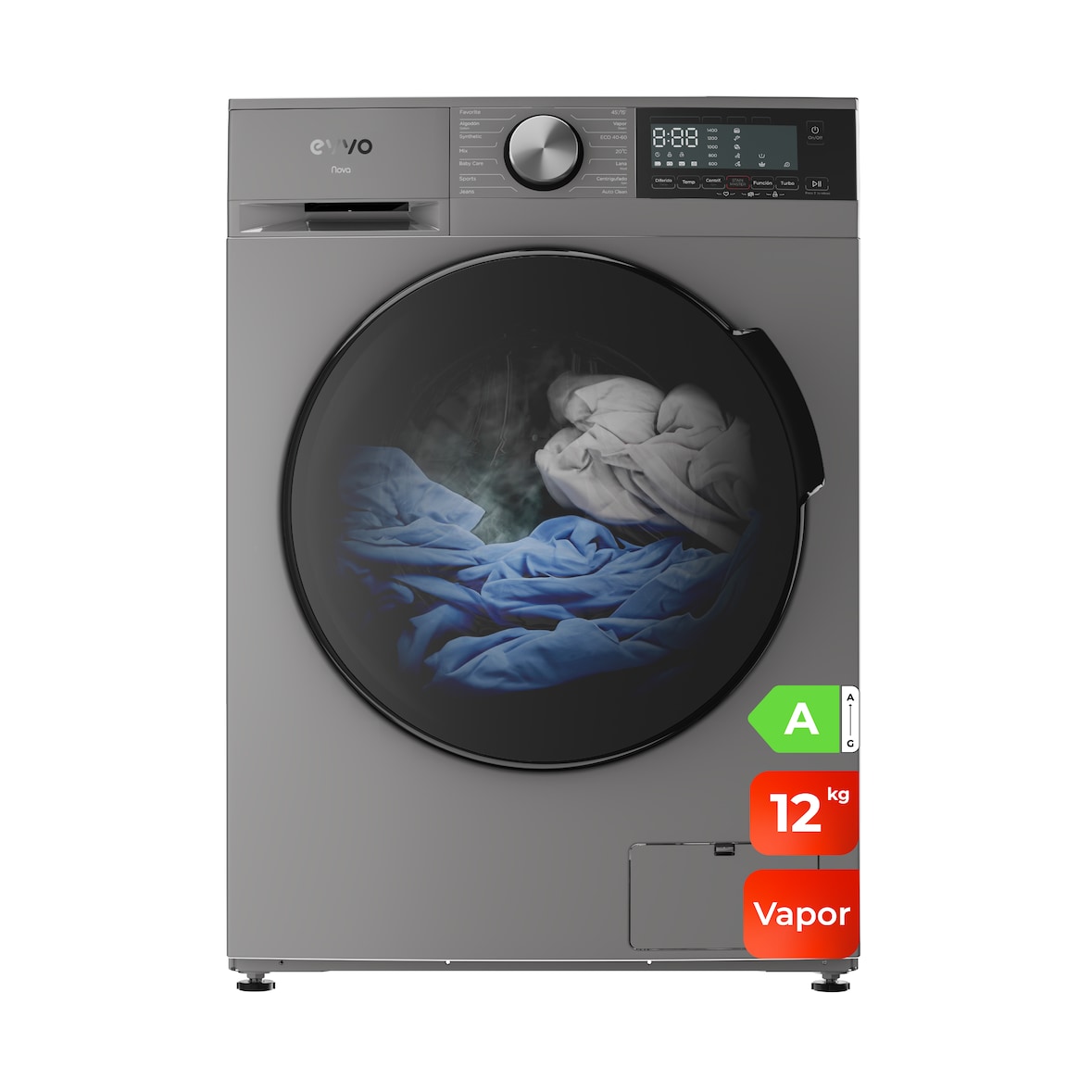 EVVO Lavadora 12 kg carga frontal Nova 12, 1350 rpm, Clase energética A, Motor Inverter, tambor diamante ePROTECT, 14 programas, Inox