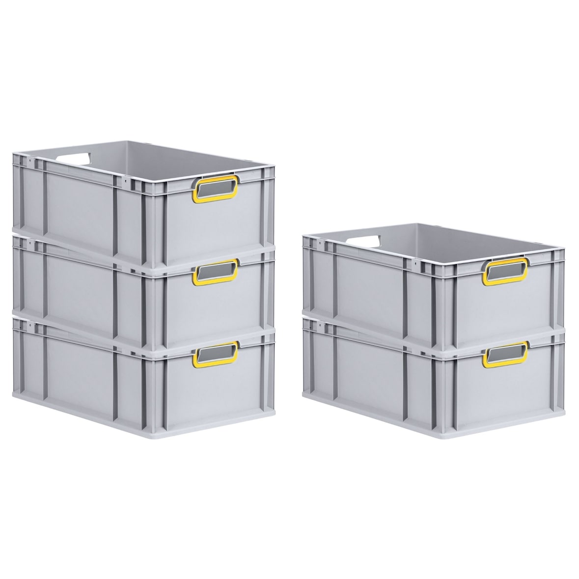 PROREGAL 5x Eurobox NextGen Color | HxBxT 22x40x60cm | 44 Liter | Griffe gelb offen | Verstärkter Boden | Eurobehälter