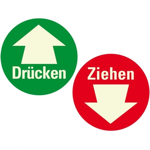 Aufkleber I Türhinweis Drücken/Ziehen, doppelseitig, grün/rot, Folie, lang nachleuchtend, Ø100mm