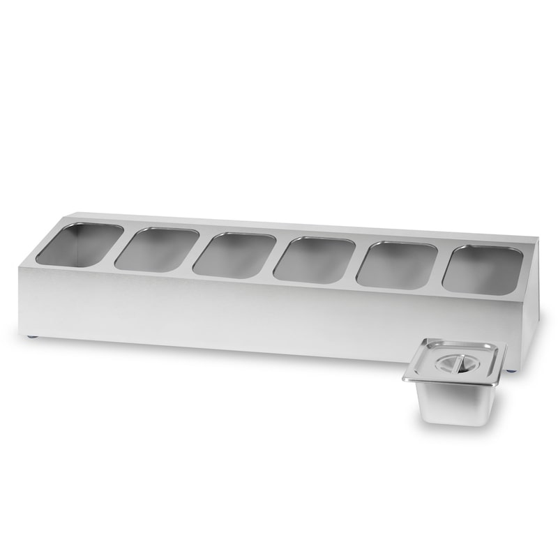 Contenitore per ingredienti per pizza, 6 scomparti, in acciaio inox, con coperchio per gastronomia, bar, adatto per sale, pepe e altre spezie