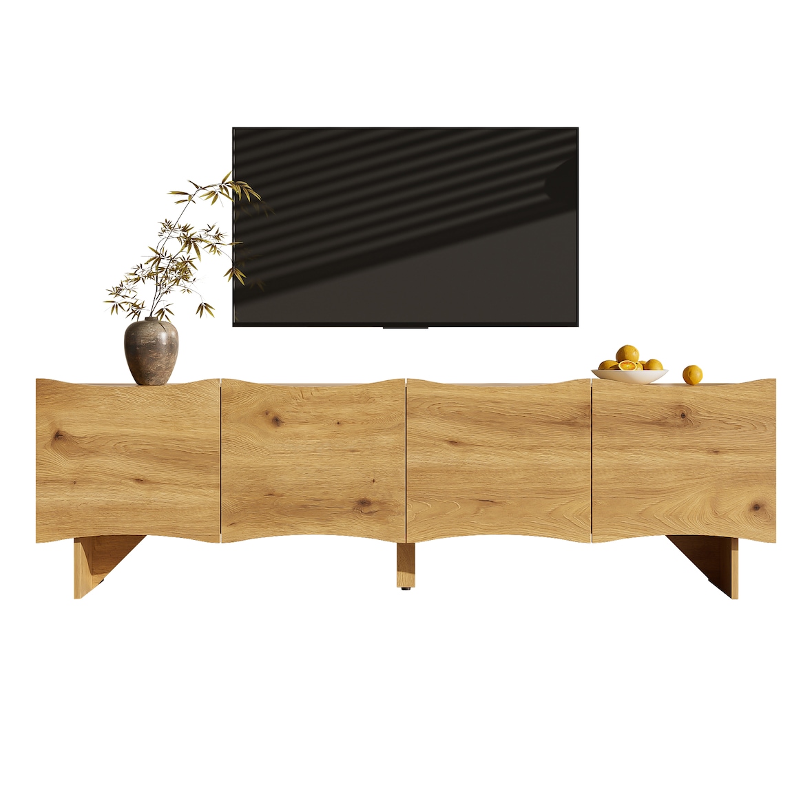 Moderner TV-Schrank 155x36x47 cm mit Wellenmuster Holzoptik 4 Türen Kabelmanagement Stauraum für Mediengeräte