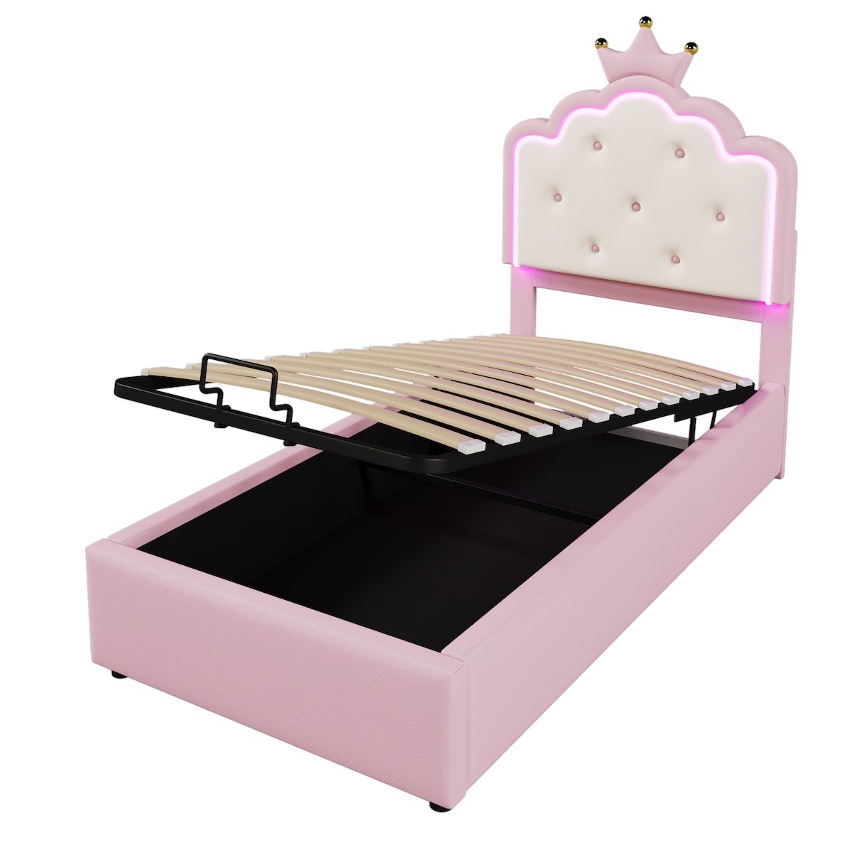 MODFU Polsterbett PU Rosa 90x200 cm mit Lattenrost, LED-Ambientelicht, hydraulischem Stauraum und Kronenform