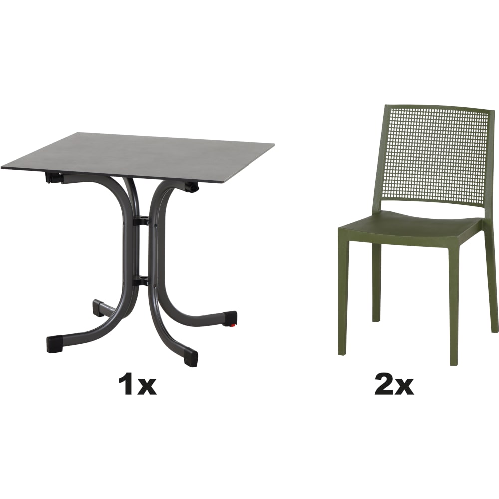 SIENA GARDEN Urban Lights Set 3teilig Square Stuhl gastrotauglich olive mit Tisch Sola 80x80