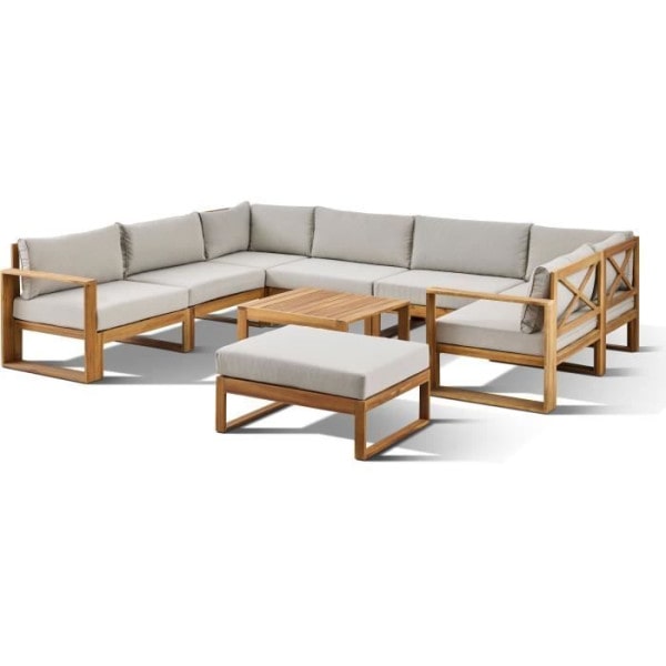 Salon de jardin d'angle modulable - Bois d'acacia - 9 personnes - LEVATA XXL - Lin + Housse BOCARNEA