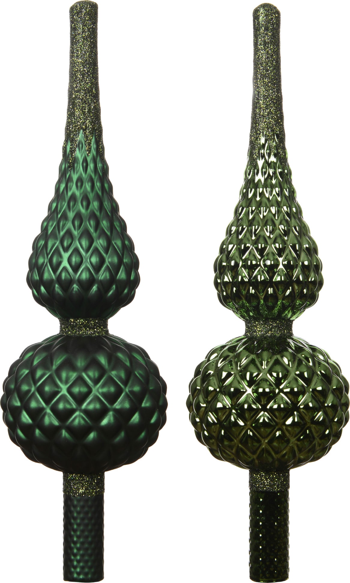 1 Christbaumspitze Glas 30,5cm matt glänzend sortiert Weihnachtsbaumspitze Glitzerdekor Relief Christbaumschmuck Weihnachtsbaumschmuck Piniengrün