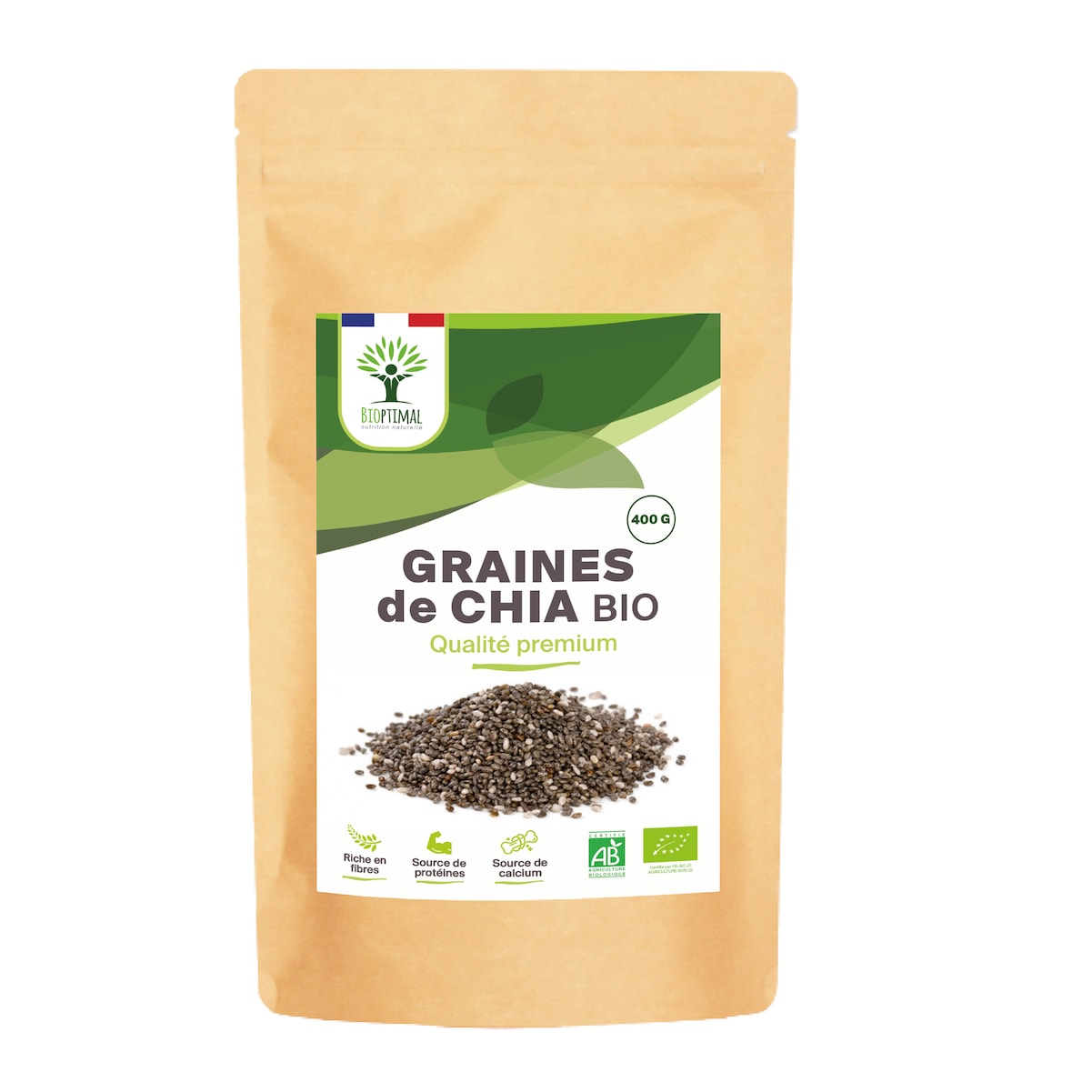 Graines de Chia Bio - Protéines Fibres Calcium - 100% Graines de Chia Crue - Qualité Premium - Conditionné en France - Certifié par Ecocert - 400g