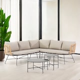 thumbnail of Conjunto de jardín estilo boho chic con sofá rinconero de ratán sintético y dos mesas de centro de metal, 5 plazas, con cojines – Tivoli Corner