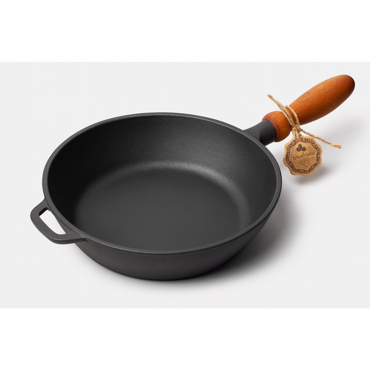 Bratpfanne aus Gusseisen – ø 24 x 6 cm – Gusseisenpfanne für alle Wärmequellen – Holzgriff – PFAS-frei – Schwarz