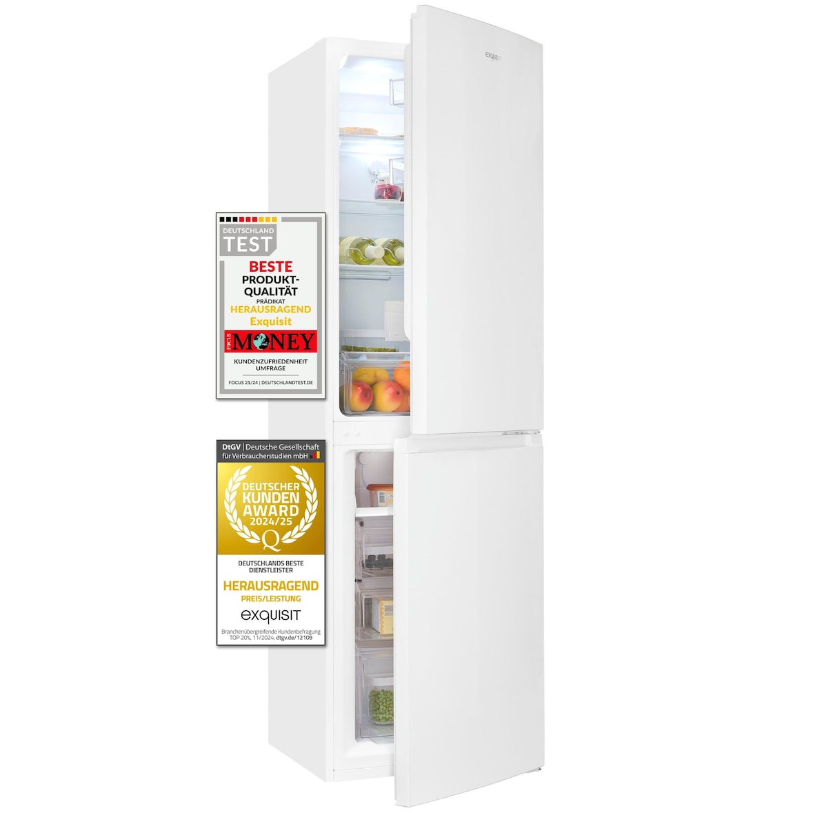 Exquisit Kühl-Gefrierkombination, Kühlschrank mit Gefrierfach, 247 Liter, Nofrost, 4-Sterne-Gefrierfach, 4 Ablagen, KGC250-85-NF-040D weiss